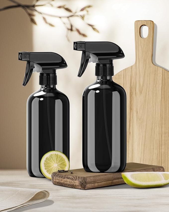 Glass Spray Bottle, Black Glass Spray Bottle Set & Accessories Refillable for Plants Window Cleaners Aromatherapy Facial hydration Watering Flowers Hair Care (2 Pack/16oz) (Black)