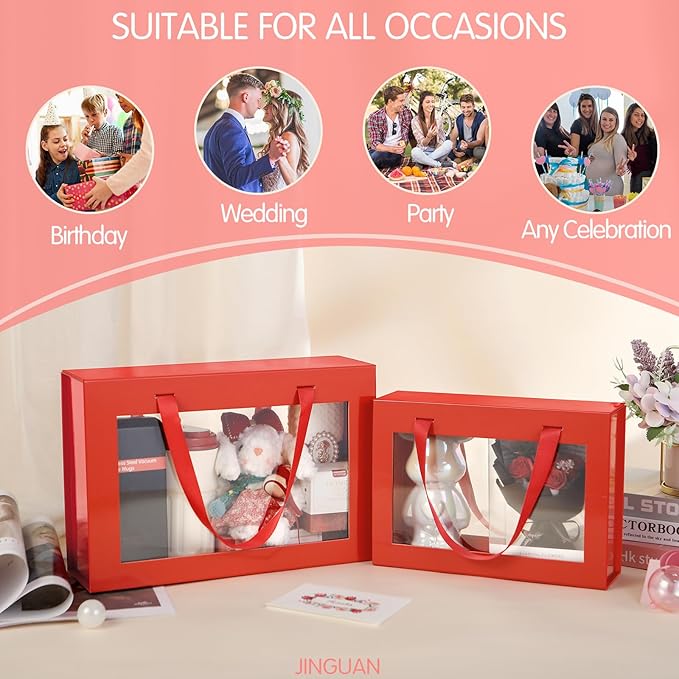 JINGUAN Large Red Clear Gift Boxes, 13.5x9x4.1 Inches Gift Boxes with Windows by Handles, Bridesmaid Proposal Boxes, Collapsible Gift Boxes with Magnetic Closure (Glossy Red, 5 Pack)
