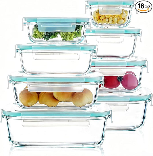 8-piece glass food storage container, glass pre meal preparation container, with sealing cover, suitable for use in microwave ovens, ovens, refrigerators, and dishwashers