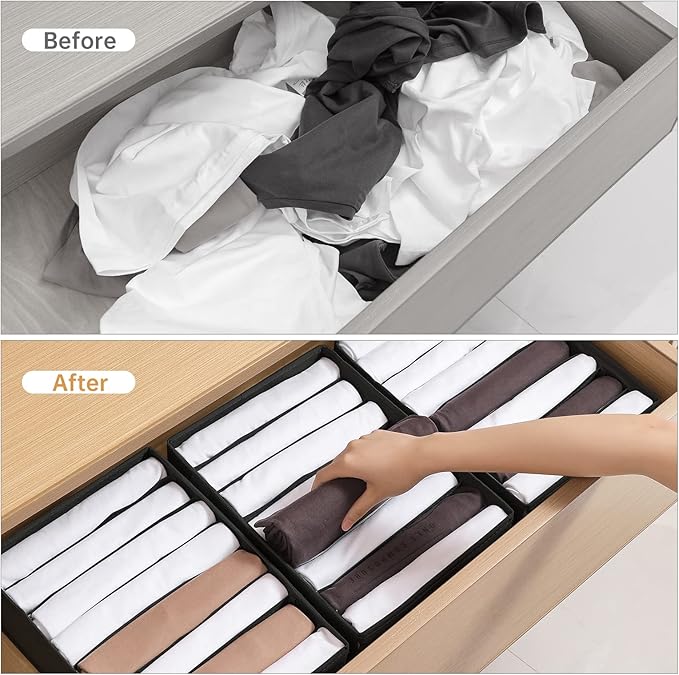 4 Packs T-shirt Drawer Organizers for Clothing,8 Grids Compartment Wardrobe Storage Box, Washable Clothes Organizer for Folded Clothes, Legging, Silk Scarve-Black