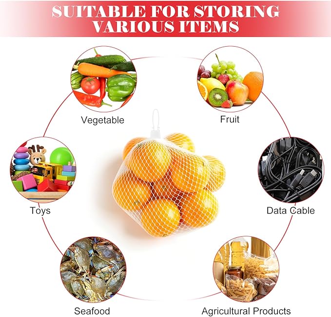 100 Pcs Reusable Mesh Produce Bags, 20 Inch Seafood Boil Bags for Crab with 100 Loop Closures, Onion Potato Storage Net Bag for Vegetables Fruits Seafood