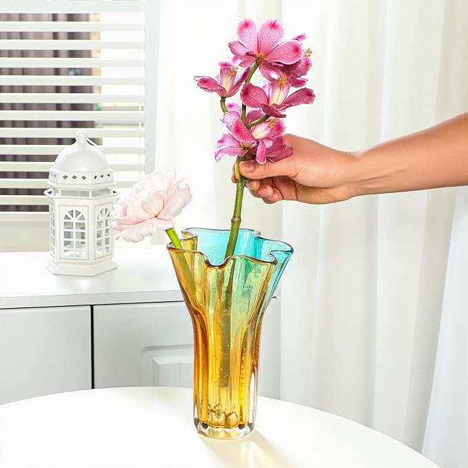 8.5" Blown Glass Vase for Flowers, Modern Ombre Glass Vase for Home Decor, Flower Vases Decorative | Table Centerpiece, Olive Plant, Wedding, Living Room, Bookshelf, Office, Entryway