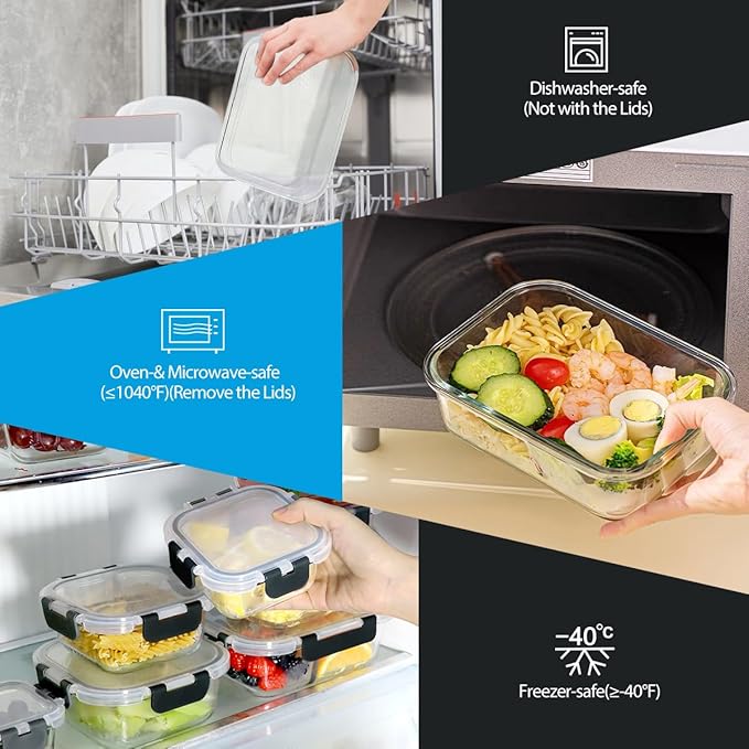 42pcs Glass Food Storage Containers with Snap Locking Lids Set, Glass Meal Prep Containers (21 Container & 21 Lids),Leak Proof Lunch Containers BPA-Free,Black