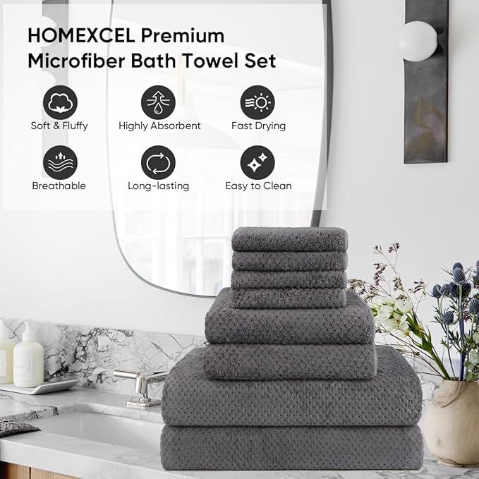 HOMEXCEL 8 Piece Bath Towel Set, Microfiber Bathroom Towel - 2 Bath Towels, 2 Hand Towels, and 4 Wash Cloths, Super Soft, Highly Absorbent Towels for Bathroom, Gym, Hotel, and Spa (Grey)