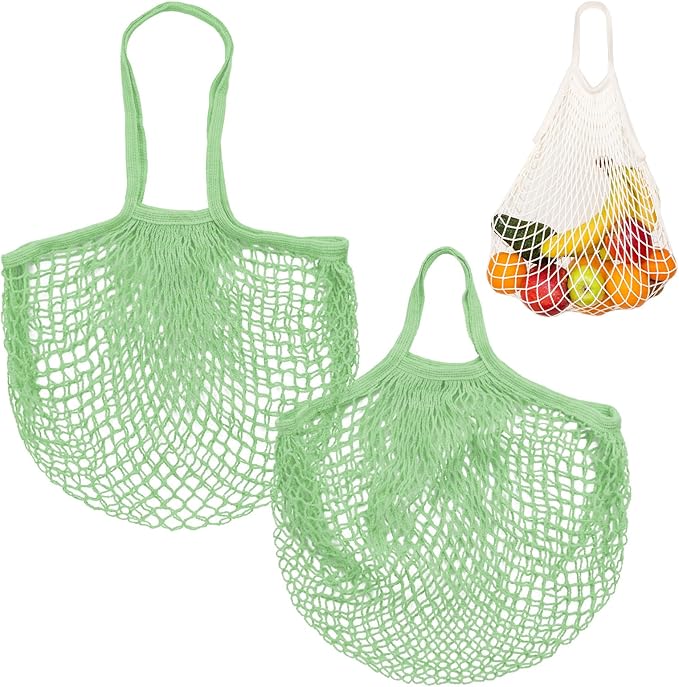 2-Pack Cotton Mesh Bag, Reusable Washable Mesh Net String Grocery Bags, Reusable Produce Bags with Handle, Net Tote Bag for Fruits/Vegetables Shopping [Avocado, Long&Short Handle]