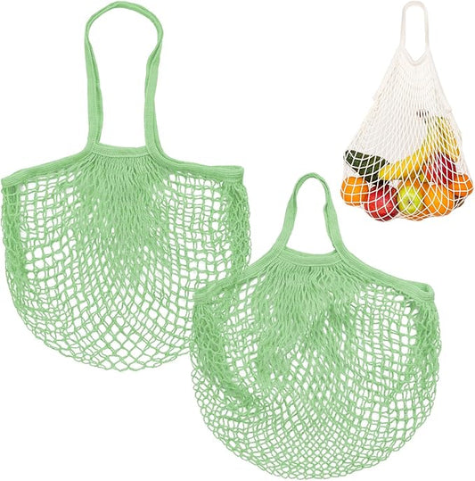 2-Pack Cotton Mesh Bag, Reusable Washable Mesh Net String Grocery Bags, Reusable Produce Bags with Handle, Net Tote Bag for Fruits/Vegetables Shopping [Avocado, Long&Short Handle]