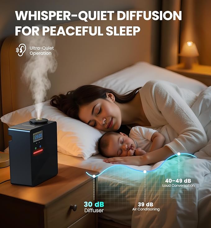 Waterless Essential Oil Diffuser 5000 Sq.Ft Coverage for Large Home, Hotel, or Office, 200ml Cold Air Scent Diffuser Machine with Bluetooth App Control, Quiet No-Heat HVAC Fragrance Diffuser