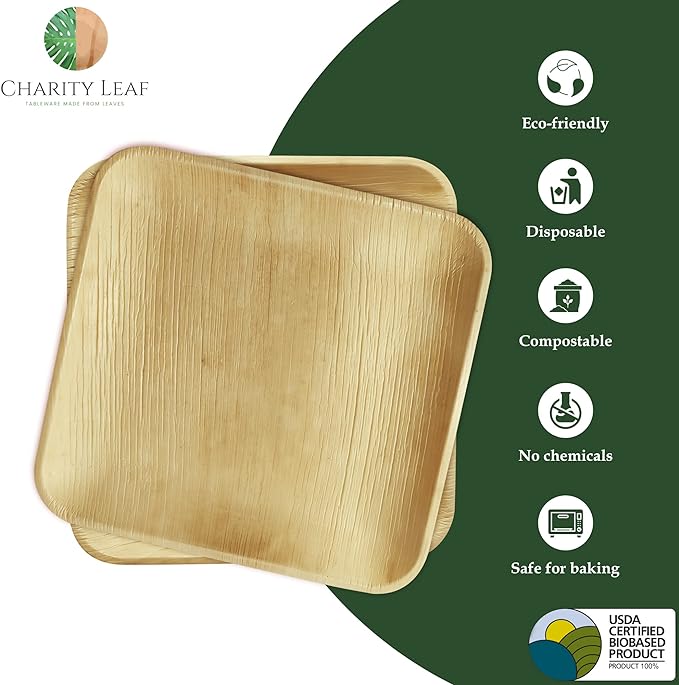 Charity Leaf Compostable 10" Square Palm Leaf Dinner Plates (50-pack) | Premium, 100% Natural, Disposable, Heavy Duty | Perfect for Parties, Weddings & Catering Events