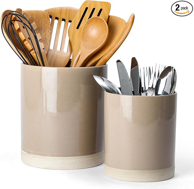 famiware Milkyway Kitchen Utensil Holder for Countertop, 7.2"+5.8" Ceramic Cooking Utensil Crocks for Counter, Utensil Organizer for Spatula & Spoon, Kitchen Decor, Set of 2, Cinnamon Brown