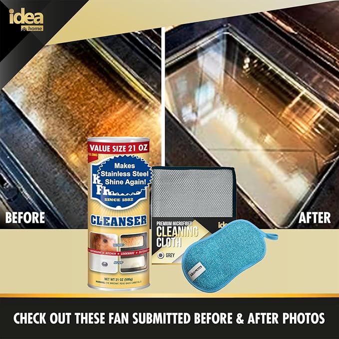 Idea Home Cleanser and Polish Powder 21 oz Multipurpose Cleaner, Rust Stain Remover Microfiber Cleaning Cloth 15x15in + Multi-Purpose Non-Scratch Microfiber Sponge