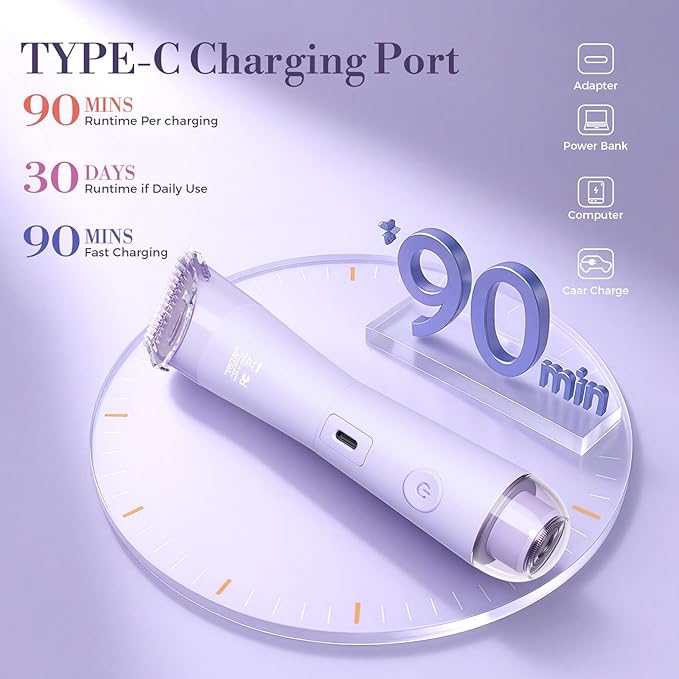 Bikini Trimmer for Women, 2 in 1 Electric Shaver for Women, Bikini RazorWaterproof IPX7 with LED, Pubic Hair Trimmer for Leg Arm Underarm Bikini Area, Christmas Gift Box - Lavender Dream Purple