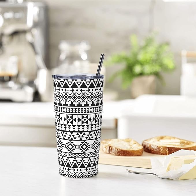 Black Navajo Print Tumbler,Geometric print 20oz Stainless Steel Insulated Travel Tumblers,Travel Coffee Mug with Lid and Straw Water Bottle Drink Tumbler Cups Gifts for Women Men Lovers