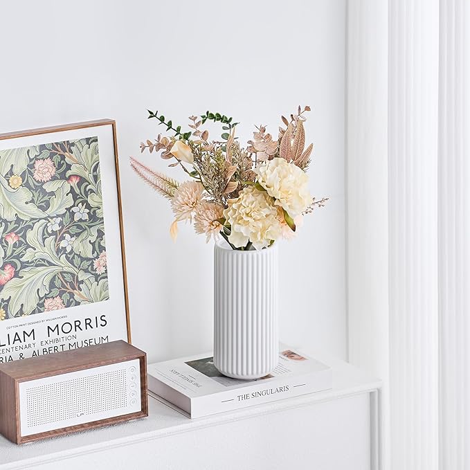 White Ceramic Flower Vase for Pampas Grass, 10 inch Large Decorative Centerpiece Ribbed Vase for Dining Table, Office Desktop, Shelf Bookshelf, Mantel, Entryway, Bathroom, Countertop, Farmhouse, Gift