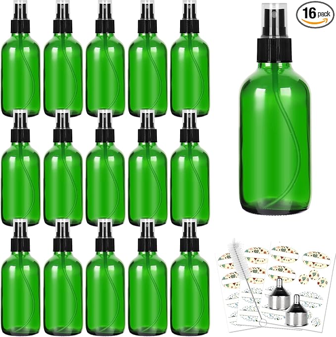 CycleMore 120ml 16 Pack 4oz Green Glass Spray Bottles with Fine Mist Sprayers, Glass Travel Bottles for Cosmetic, Essential Oils, Cleaning Solutions, Perfumes & More Liquids Ideal for Friends
