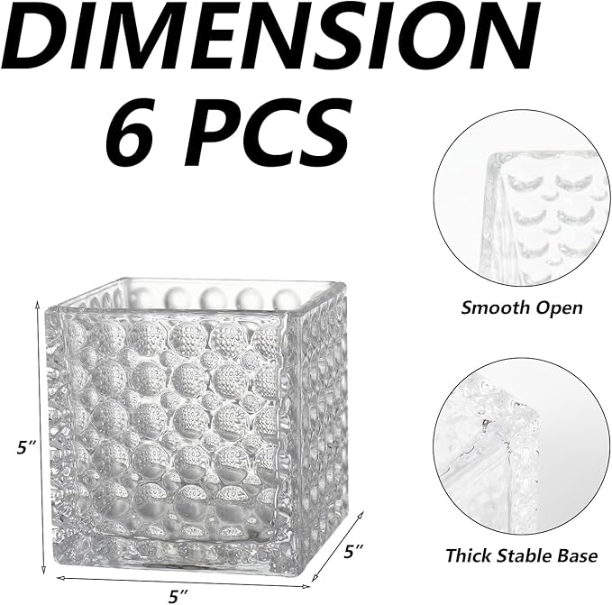 Square Vases Set of 6, 5" x 5" x 5" Square Glass Vases for Flowers, Clear Flower Vase for Centerpieces, Small Bubble Vase for Wedding, Party, Home, Office, Parties, Events