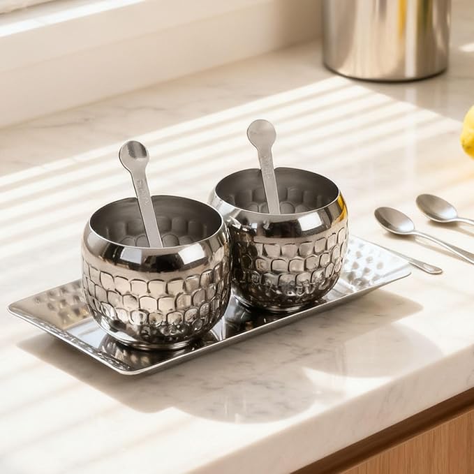 Diydeg Seasoning Jars, Stainless Steel Seasoning Jars Sugar Bowl Metal Seasoning Pots Condiment Jar Container with Clear Glass Lids Spoons Tray for Kitchen