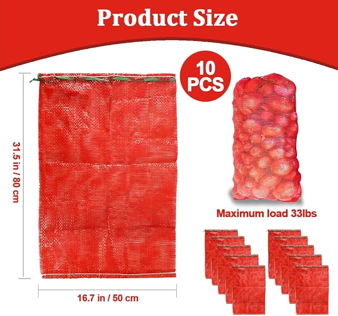 10Pcs 31'' x 20'' Extra Large Mesh Storage Produce Bags, Mesh Onion Bags, Reusable Breathable Drawstring Fresh Produce Storage Bag for Onions, Potatoes, Crawfish, Vegetables, Firewood, Holds 33lbs
