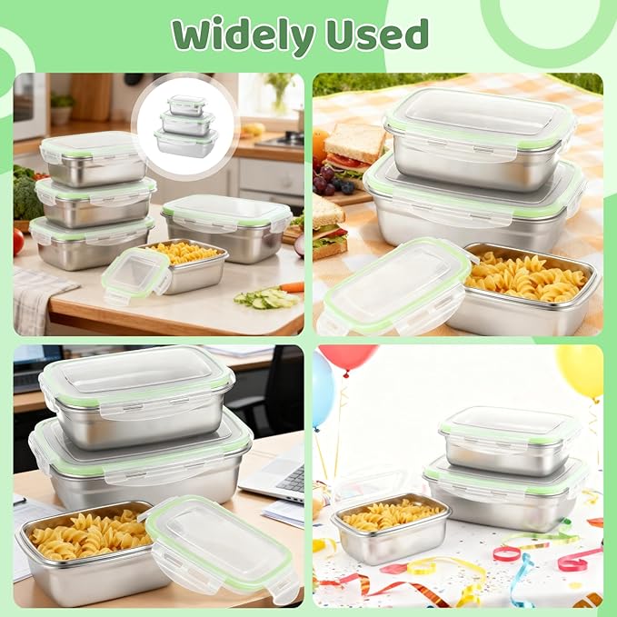 Square 304 Stainless Steel Food Containers with Lids, Airtight Bento Lunch Box, Metal Meal Prep Food Containers Reusable Stackable Nestable Oven Dishwasher Freezer Safe