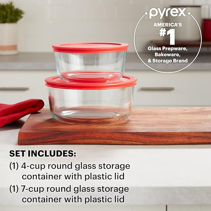 Pyrex Simply Store 2-Pack (4 & 7 Cup) Large Glass Food Storage Containers Set, Snug Fit Non-Toxic Plastic BPA-Free Lids, Freezer Dishwasher Microwave Safe
