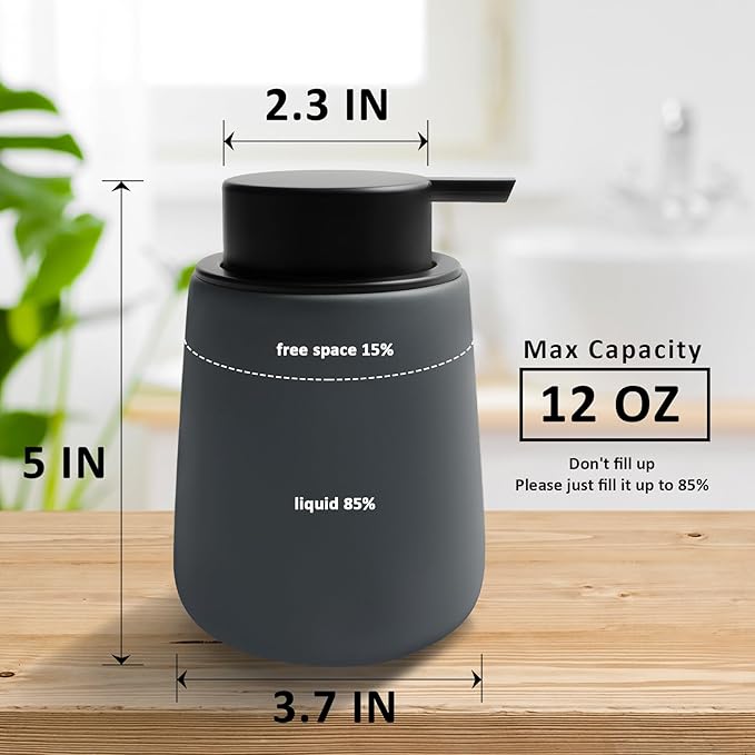 Soap Dispenser Ceramic with Easy-to-Press Pump Hand Lotion Liquid Dispenser for Shampoo Bathroom Kitchen 12 oz Grey