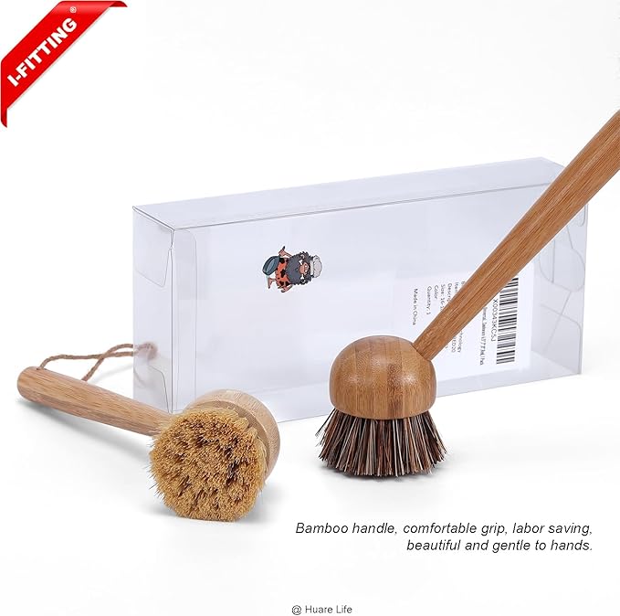 Bamboo Dish Scrubber, Dish Brushes with Bamboo Handle, Wooden Cleaning Scrubbers Stiff Bristles for Washing Kitchen Cast Iron Pan Pot, Kitchen Cleaning Set