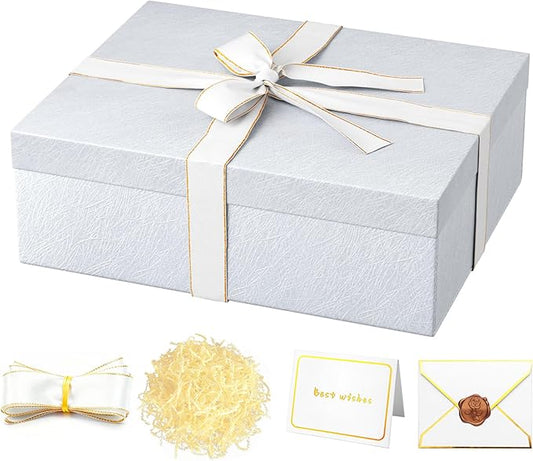 JOYIT White Gift Box 16.5''x13''x5.5'' - Large Gift Boxes with Lid for Presents Packaging, Birthday, Christmas, Wedding, Anniversary, Big Gift Box with Ribbon, Shred Filler, Card, Wax Seal (White)