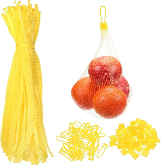 uxcell 100 Pcs Reusable Mesh Produce Bags, 40cm/16 Inch Washable Net Storage Bags Reusable Grocery Reusable Storage Bags with Plastic Buckle for Fresh Fruit Vegetables Seafood, Yellow