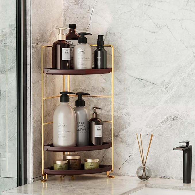 3-Tier Corner Bathroom Organizer Countertop for Storage，Counter Tray and Vanity Organizer，Plastic Counter Organizer for Kitchen, Bathroom, Dresser 10.6 inches (Gold Brown)