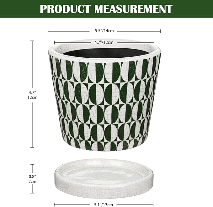 5.5 Inch Ceramic Plant Pot, Ice Crack Plant Pots with Drainage Hole and Saucer, Vintage Flowers Pot for Plants Indoor Outdoor Home Patio Office Decor (Green)