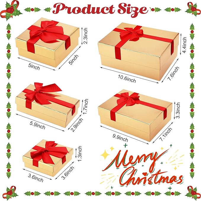 Tenceur 10 Pcs Gift Boxes with Lids Heavy Duty Nested Assorted Sizes Cardboard Gift Boxes for Presents with Ribbon for Xmas Holiday Present(Gold, Red,5 Size)