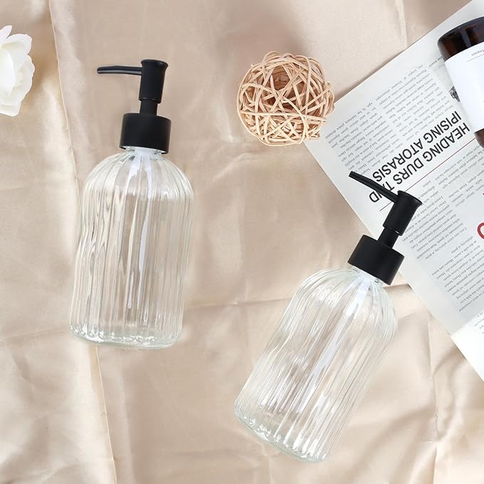 2 Pack Glass Soap Dispenser with Pump, 13.5oz Refillable Soap Dispensers with Vertical Stripe for Hand Wash & Dish Wash, Elegant Bathroom Soap Dispenser for Dishwashing Liquid, Lotion