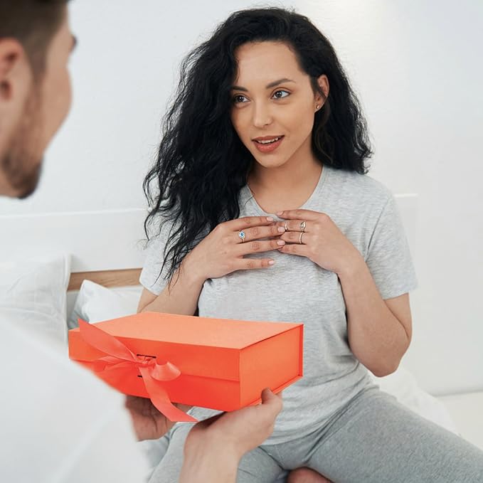 Coobbar Large Gift Box, 5-Pack Magnetic Lid Ribbon Closure, Elegant Gift Packaging, Luxury Gift Box Decorative, 10.5x7.5x3.1" - Multi-Occasion Packaging Boxes (Orange)