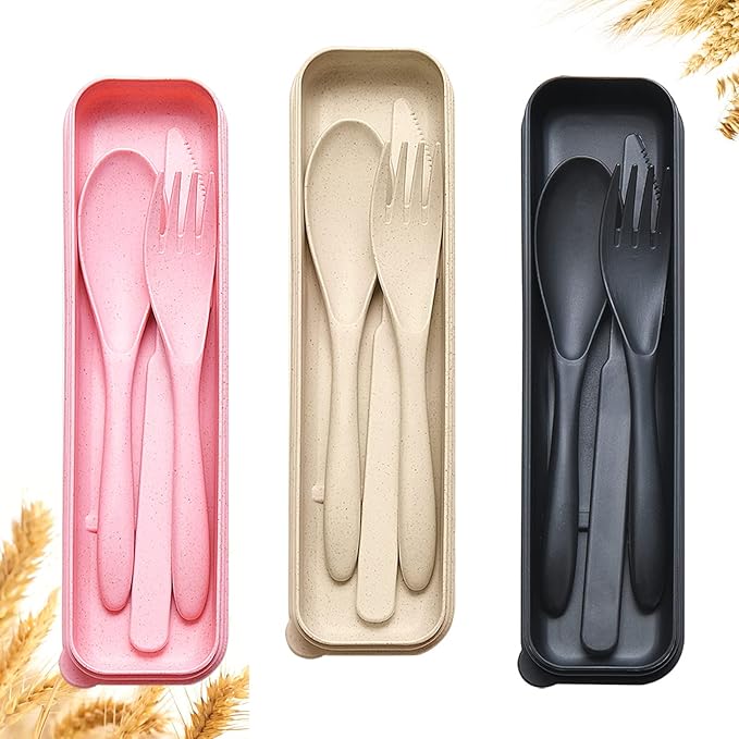 Reusable Travel Utensils Set with Case, 3 Sets Wheat Straw Portable Knife Fork Spoons Cutlery, Eco-Friendly BPA Free Plastic Tableware for Kids Adults Travel Picnic Camping Utensils