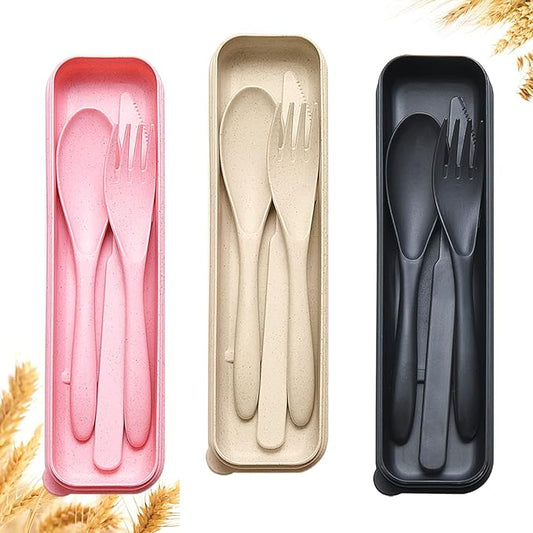 Reusable Travel Utensils Set with Case, 3 Sets Wheat Straw Portable Knife Fork Spoons Cutlery, Eco-Friendly BPA Free Plastic Tableware for Kids Adults Travel Picnic Camping Utensils