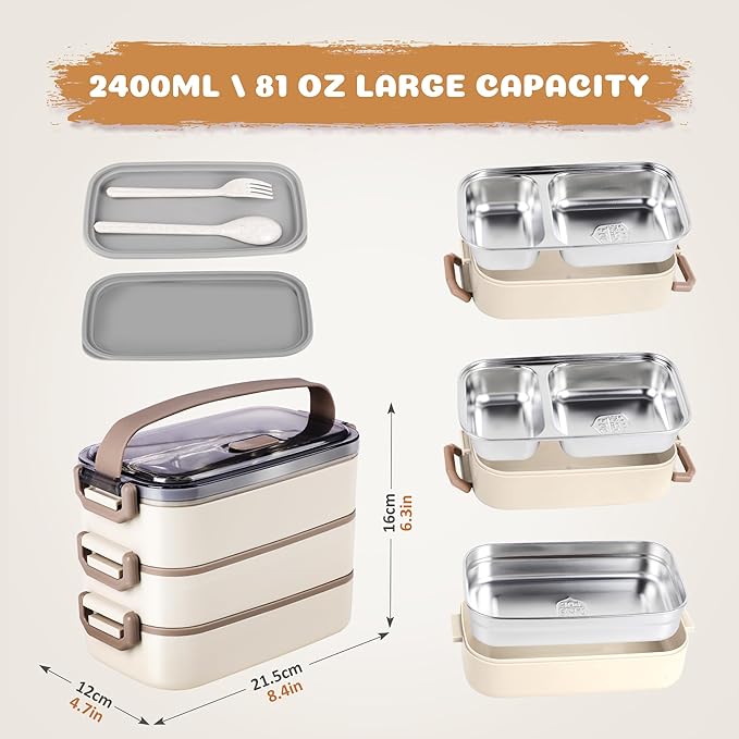 Bento Lunch Box for Kids Women Men, 47oz 2-Compartment Salad Metal Food Prep Pack Container for Lunch, Stainless Steel 3 Layers Stackable Lunch Containers with Lids for Adults and Teens Khaki