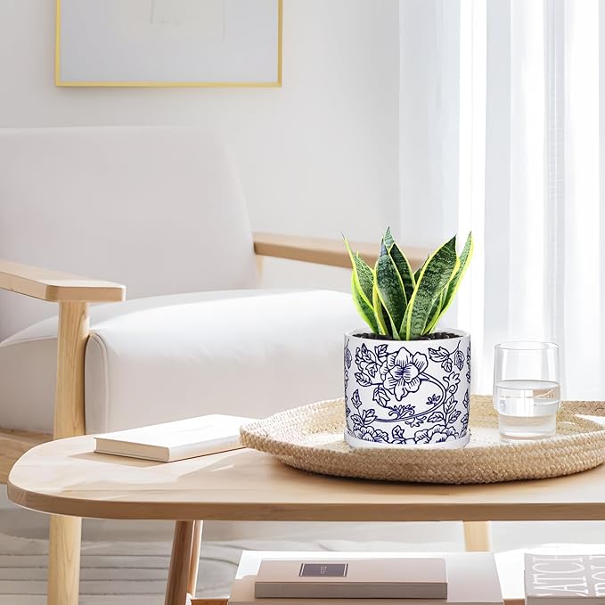 Set of 2 Blue and White Ceramic Plant Pots with Drainage Hole and Saucers, Retro Blue Porcelain Flowers Round Planters for Succulent Cactus Indoor Outdoor Garden Home Desktop Decor, 4.5+5.5 Inch