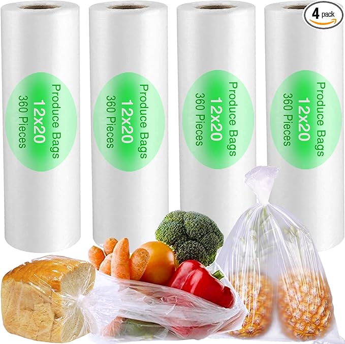 12" x 20" Food Bags, Fresh-Keeping Plastic Produce Bags Roll, Clear Plastic Bag for Food, Bread, Refrigerator Storage, Kitchen, Supermarket, 1400 (4 rolls x350)