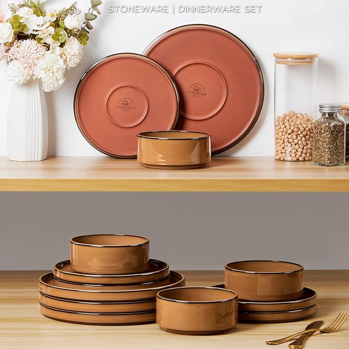 Onader Dinnerware Dishes Sets for 8, Stoneware Plates and Bowls with Unglazed Terracotta Bottom, Ceramic Kitchen Dinner Dish Set 24 Piece - Earthy Umber