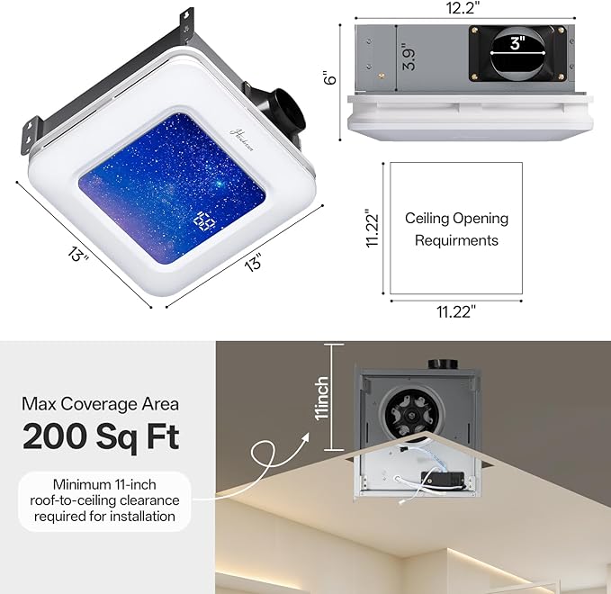 Bathroom Exhaust Fan with Humidity Sensor, Bathroom Fan with Light Odor & Humidity Sensor, 230 CFM 1.0 Sone Venlitation Fan with 3CCT LED Light 7 LED Color, Remote Control Easy Install