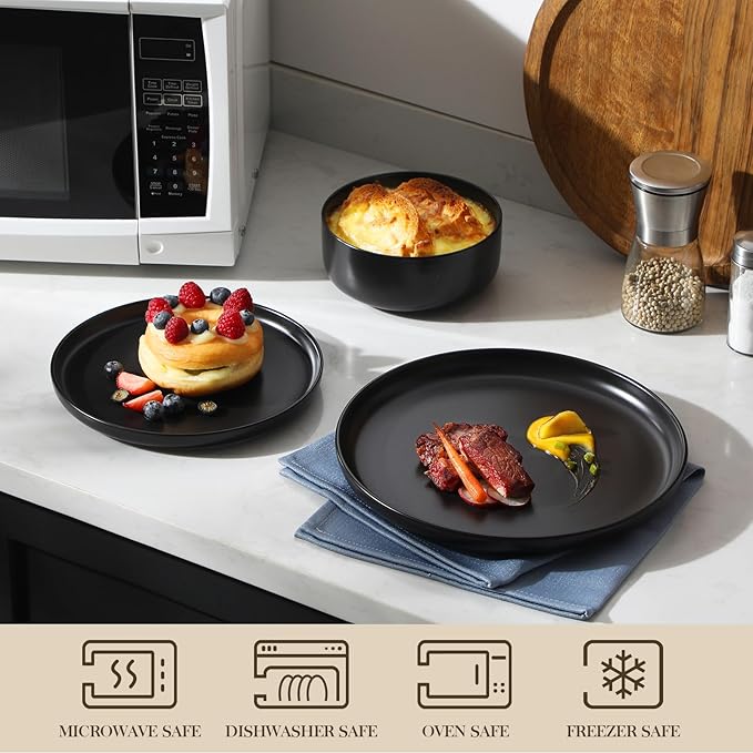 MALACASA Plates and Bowls Sets, 12 Pieces Porcelain Dinnerware Set for 4 Kitchen Dinner Ware Set Ceramic Dishware Dishes Microwave and Dishwasher Safe, Black, Series LUNA