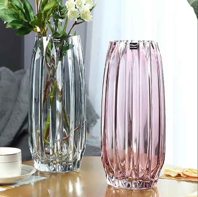 Purple Pink Ribbed Glass Vase for Flowers and Candles - Modern Centerpiece (H12.0 inch)