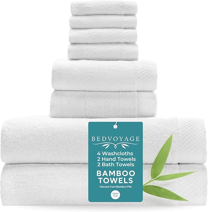 BedVoyage Luxury Bath Towels Set of 8 - Ultra Soft Plush Bathroom Towel Set - Highly Absorbent Viscose from Bamboo Bath Towels Ultra Soft - Spa Towel for Body - White