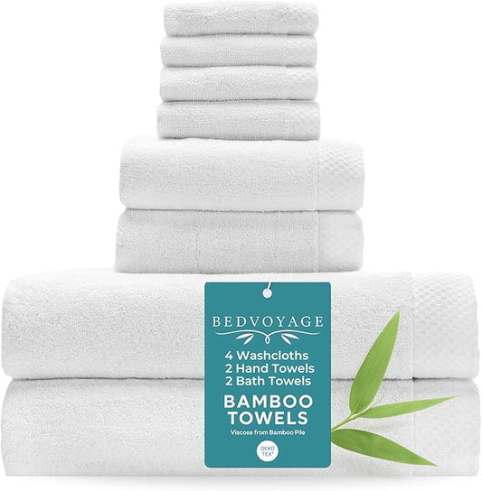 BedVoyage Luxury Bath Towels Set of 8 - Ultra Soft Plush Bathroom Towel Set - Highly Absorbent Viscose from Bamboo Bath Towels Ultra Soft - Spa Towel for Body - White