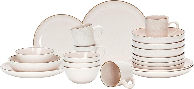 HomeVSS 20-Piece Dinnerware Set - Serves 4, Bright Glaze Peach plates and bowls sets with Speckle Effect for Microwave & Dishwasher Safe