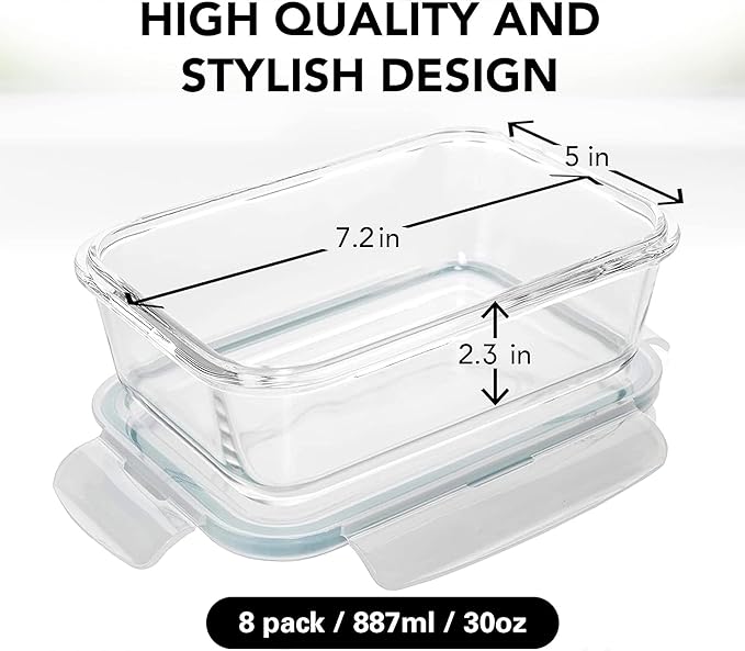 Razab 16 Pc (Set of 8) 30 Oz Glass Meal Prep Containers with Lids, Airtight Large Glass Food Storage Containers, Reusable Leak Proof BPA Free, Freezer to Oven and Dishwasher Safe