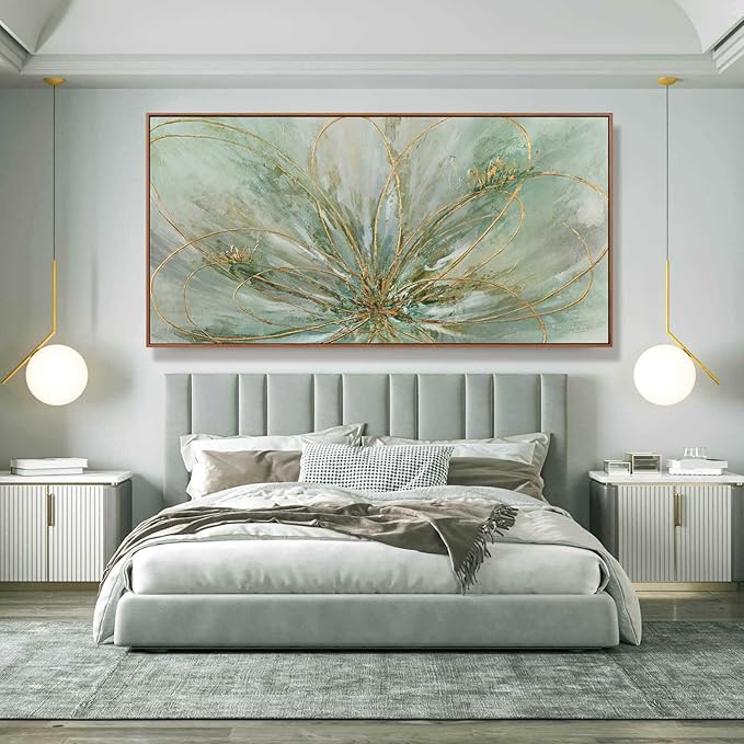 YJYart Abstract Canvas Wall Art Gold Line Wall Posters Green Wall Decor 36"x70" Oversized Artwork for Bedroom Dining Room Walls