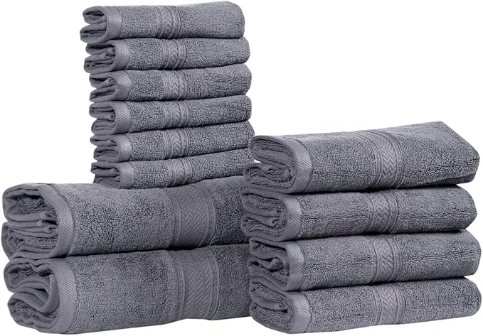 Hillfair 12 piece 600 GSM Cotton Bath Towels - Hotel Spa Quality - 2 Bath, 4 Hand, 6 Washcloths - Absorbent Super Soft Grey Cotton Set