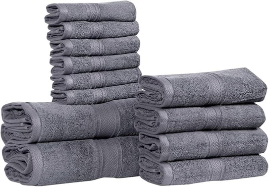 Hillfair 12 piece 600 GSM Cotton Bath Towels - Hotel Spa Quality - 2 Bath, 4 Hand, 6 Washcloths - Absorbent Super Soft Grey Cotton Set