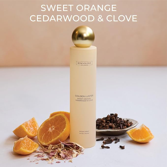 Orange, Cedarwood & Clove Room Spray | Benevolence LA Golden Luster | 3.4oz | Home, Pillow & Linen Fragrance Spray | Low VOC, No Alcohol | Holiday & Christmas Gift for Her | Malibu Sands Collection