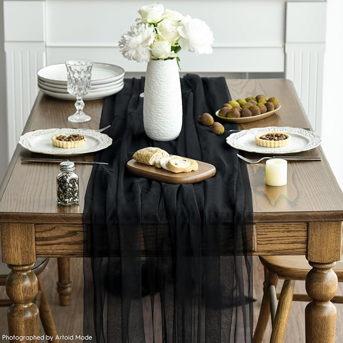 Artoid Mode 3PCS Black Gauze Table Runner 120 Inch 10FT, Seasonal Sheer Kitchen Dining Holiday Wedding Birthday Baby Shower Table Decor for Home Party